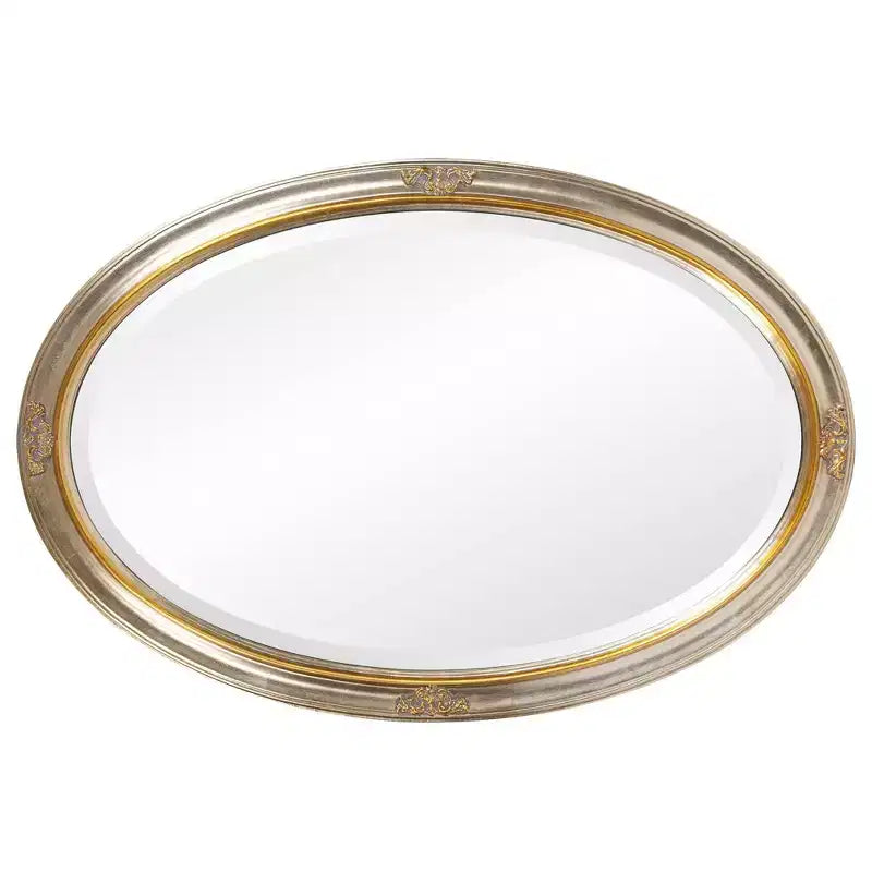 Espejo de pared ovalado con marco de madera dorado y plateado, detalle de volutas talladas, 31.5"