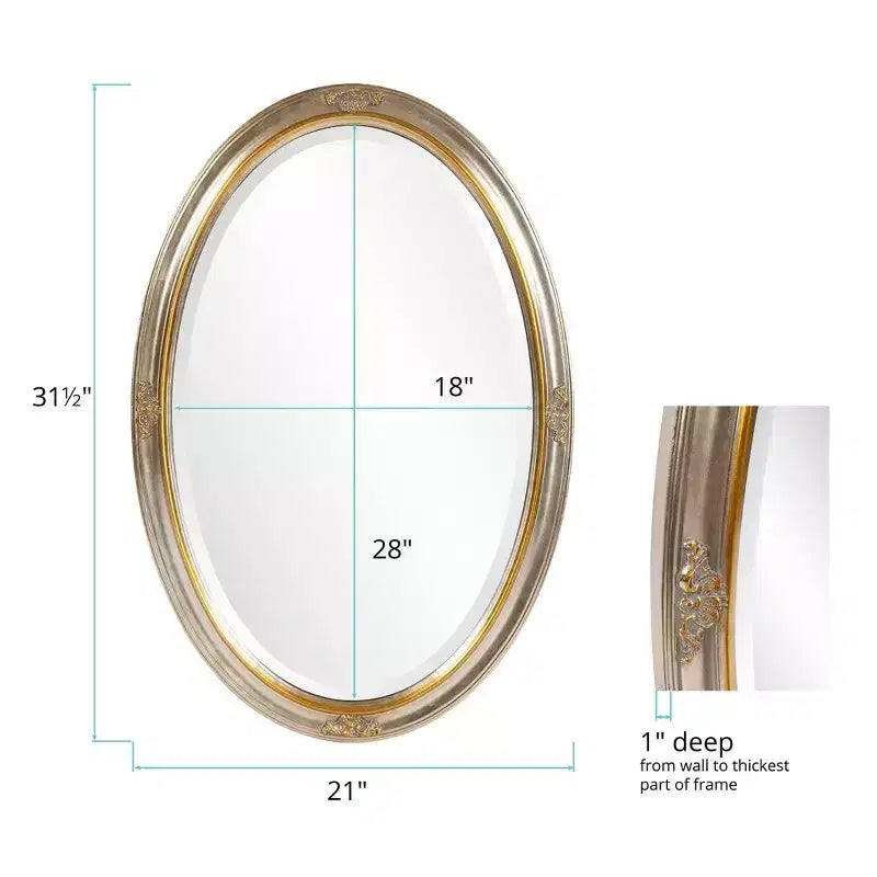 Espejo de pared ovalado con marco de madera dorado y plateado, detalle de volutas talladas, 31.5"