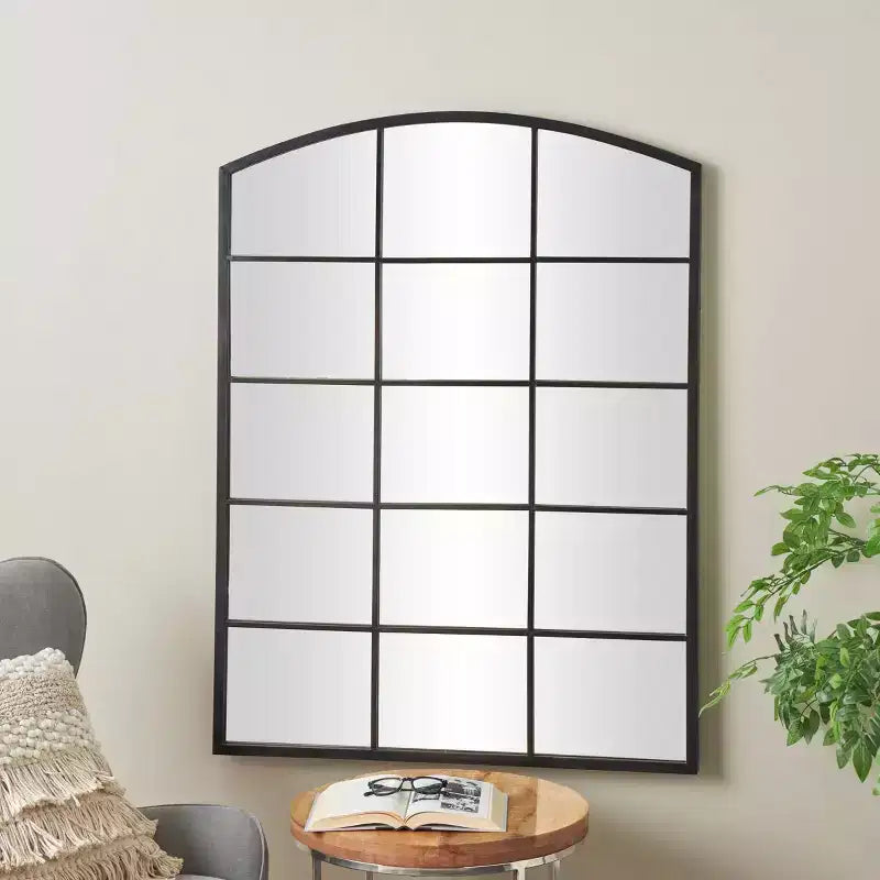 Espejo de pared con cristal de ventana arqueado de 48"x36" con marco de hierro negro, contemporáneo