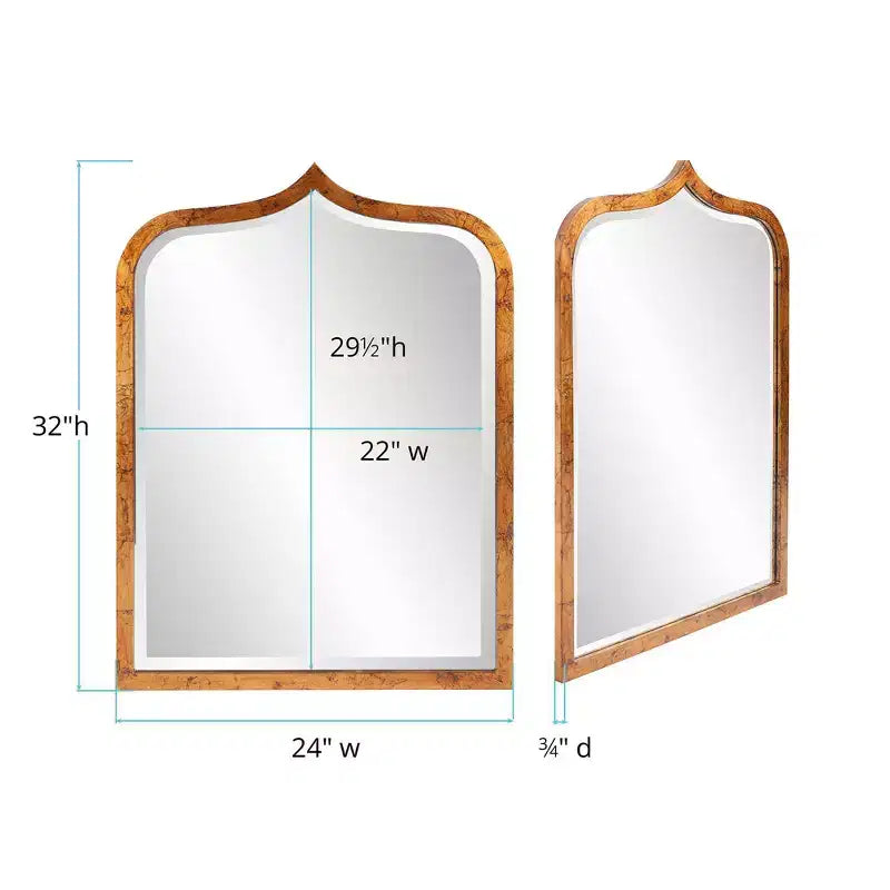 Espejo de pared con marco de madera arqueado de 24"x32" con acabado dorado antiguo y cristal biselado