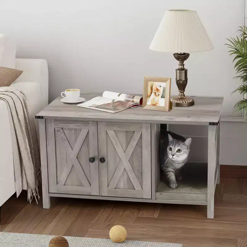 Mueble arenero oculto para gatos con rascador, mueble de TV de madera y casa para gatos