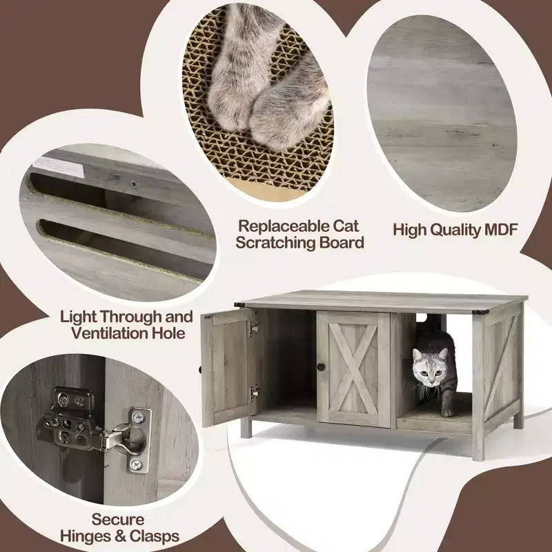 Mueble arenero oculto para gatos con rascador, mueble de TV de madera y casa para gatos