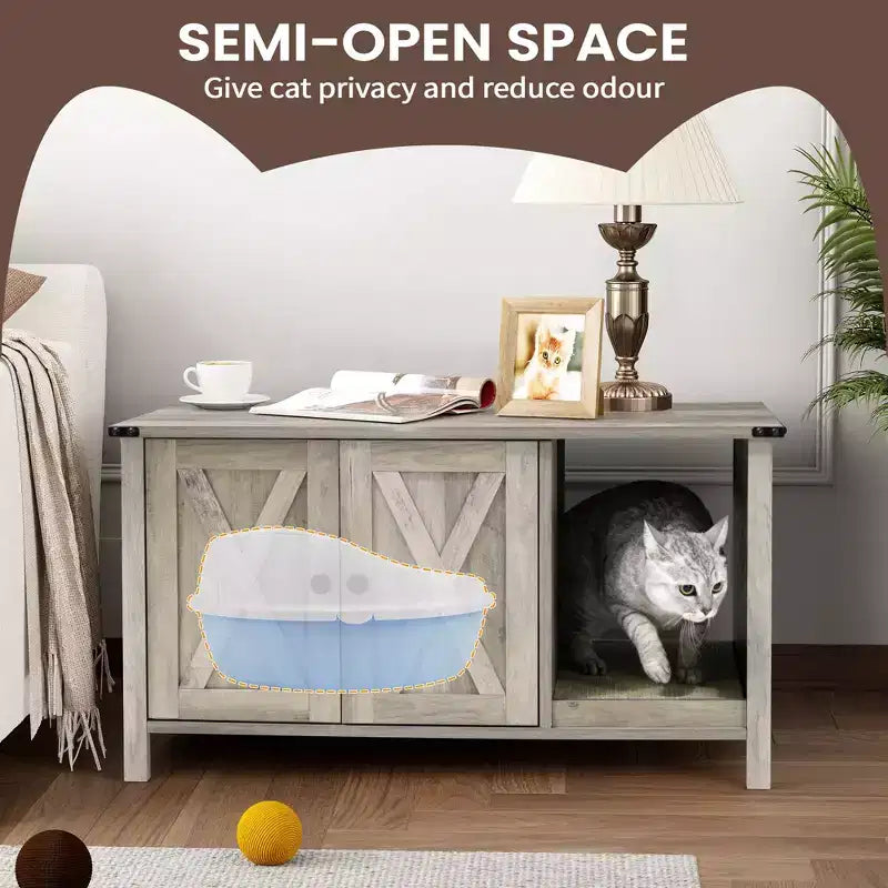 Mueble arenero oculto para gatos con rascador, mueble de TV de madera y casa para gatos