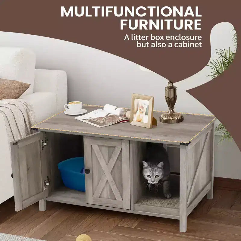 Mueble arenero oculto para gatos con rascador, mueble de TV de madera y casa para gatos