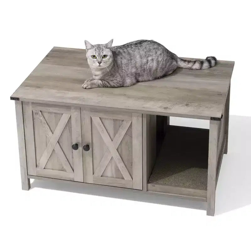 Mueble arenero oculto para gatos con rascador, mueble de TV de madera y casa para gatos