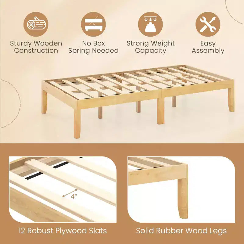 Base de cama de plataforma de madera Twin/Full/Queen de 14" con patas de madera de caucho y almacenamiento debajo de la cama