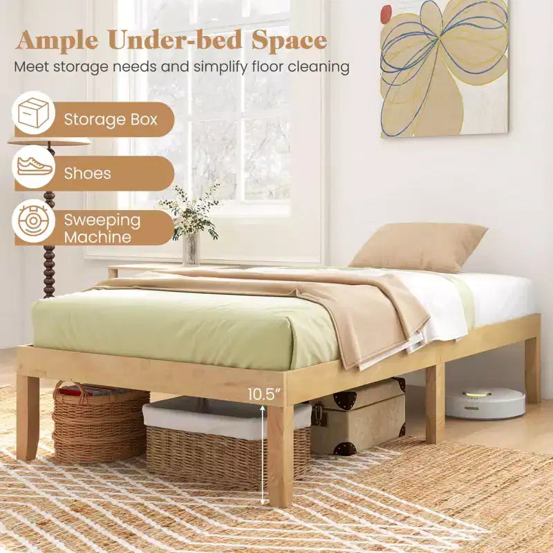 Base de cama de plataforma de madera Twin/Full/Queen de 14" con patas de madera de caucho y almacenamiento debajo de la cama