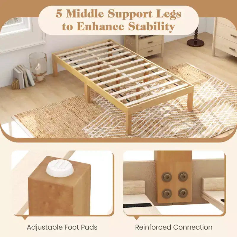 Base de cama de plataforma de madera Twin/Full/Queen de 14" con patas de madera de caucho y almacenamiento debajo de la cama