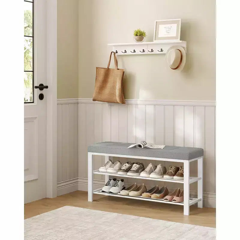 SONGMICS Shoe Bench, Storage Bench, Entryway Bench with Cushion, Shoe Shelf with Seat, Space-Saving, Modern Style, Dove Gray and Cloud White