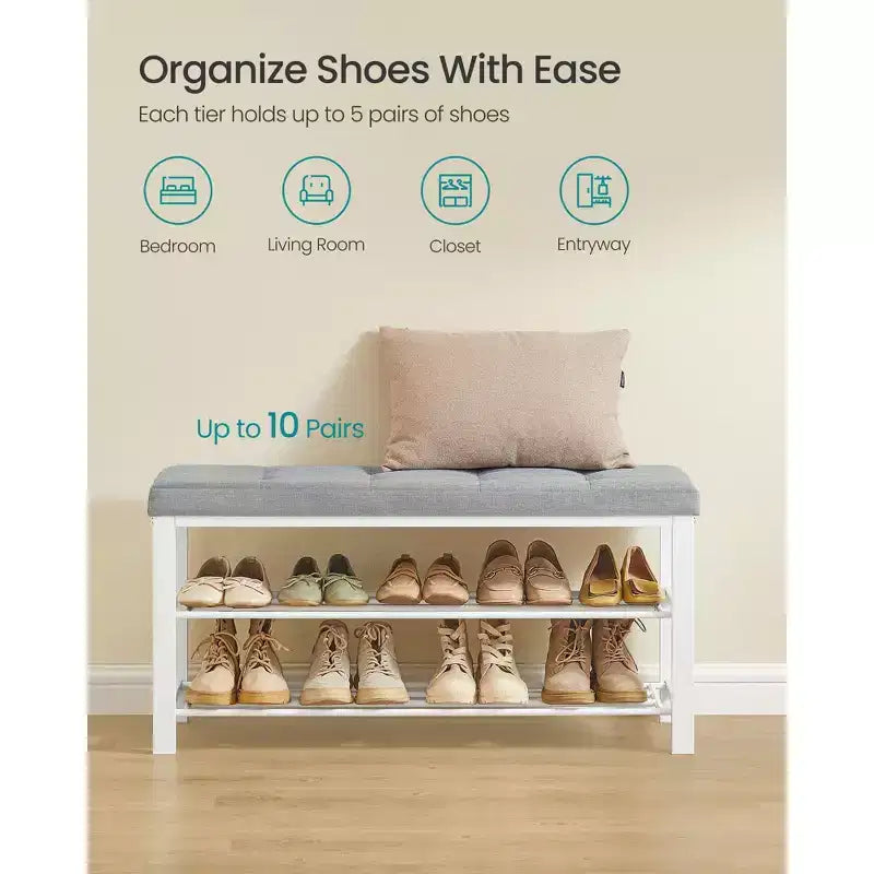 Zapatero con cojín y estante de 2 niveles para entrada, capacidad para 10 pares, 136 kg de capacidad