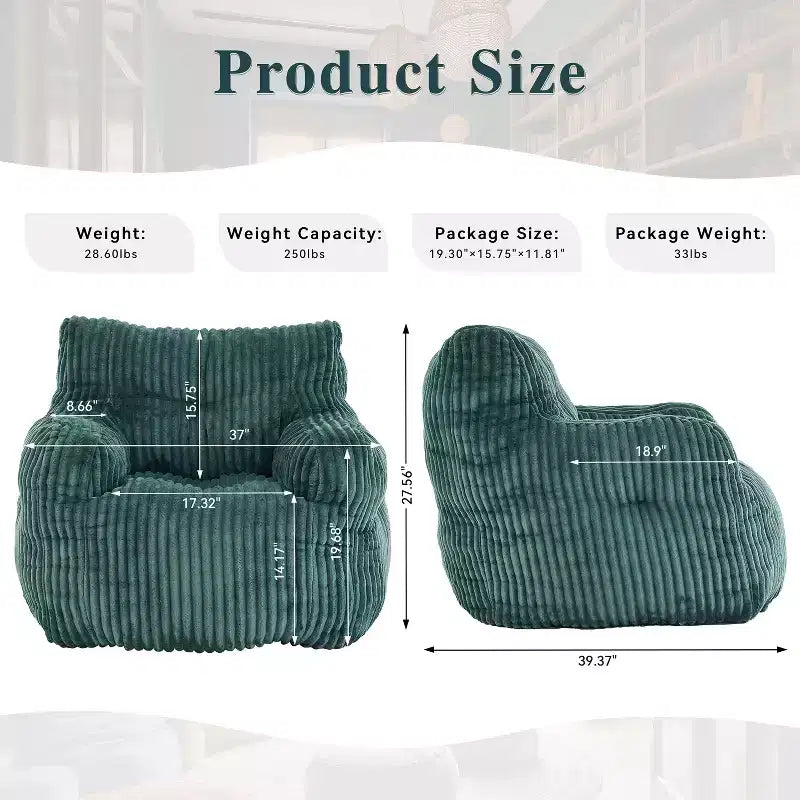 Sillón puff moderno de pana con espuma viscoelástica, diseño inspirado en un oso, 94 cm de ancho