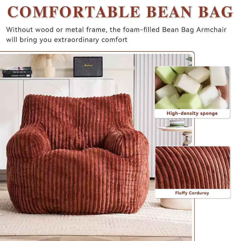 Sillón puff moderno de pana con espuma viscoelástica, diseño inspirado en un oso, 94 cm de ancho