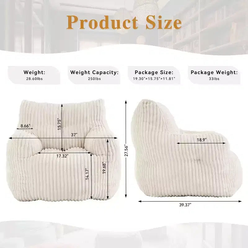 Sillón puff moderno de pana con espuma viscoelástica, diseño inspirado en un oso, 94 cm de ancho