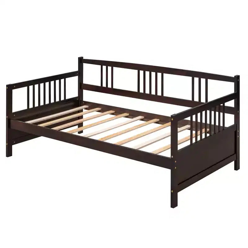 Base de cama moderna de madera maciza tamaño individual con 3 barandillas, capacidad de 136 kg