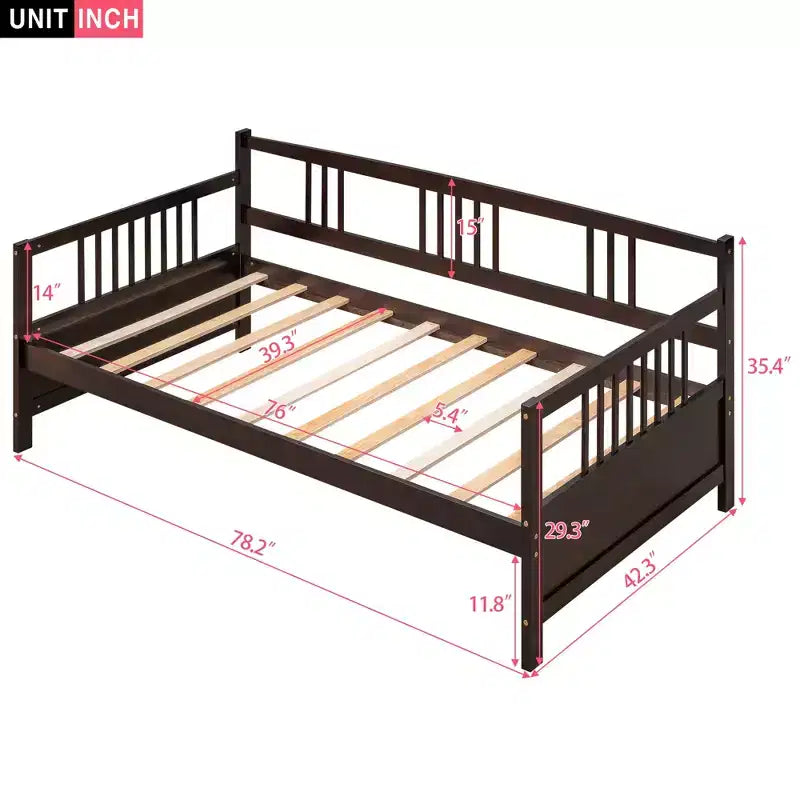 Base de cama moderna de madera maciza tamaño individual con 3 barandillas, capacidad de 136 kg