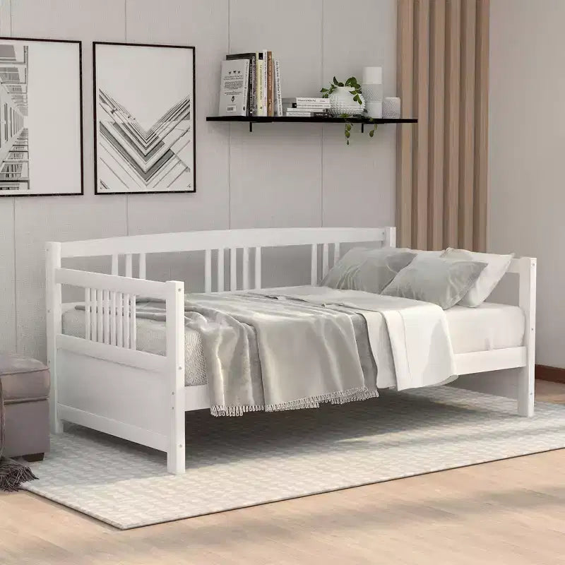 Base de cama moderna de madera maciza tamaño individual con 3 barandillas, capacidad de 136 kg