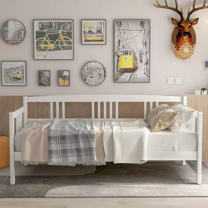 Base de cama moderna de madera maciza tamaño individual con 3 barandillas, capacidad de 136 kg