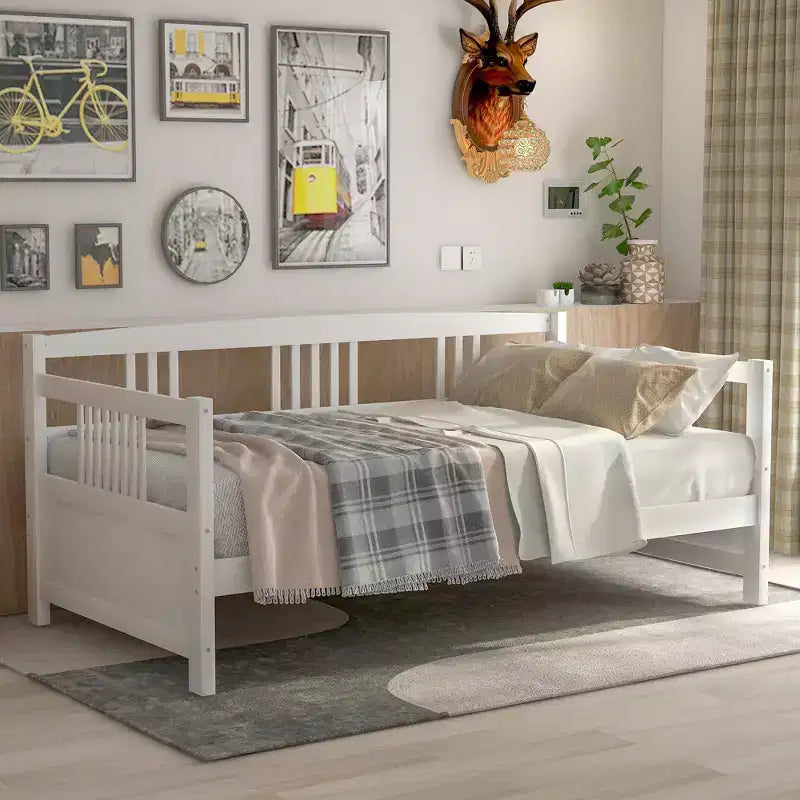 Base de cama moderna de madera maciza tamaño individual con 3 barandillas, capacidad de 136 kg