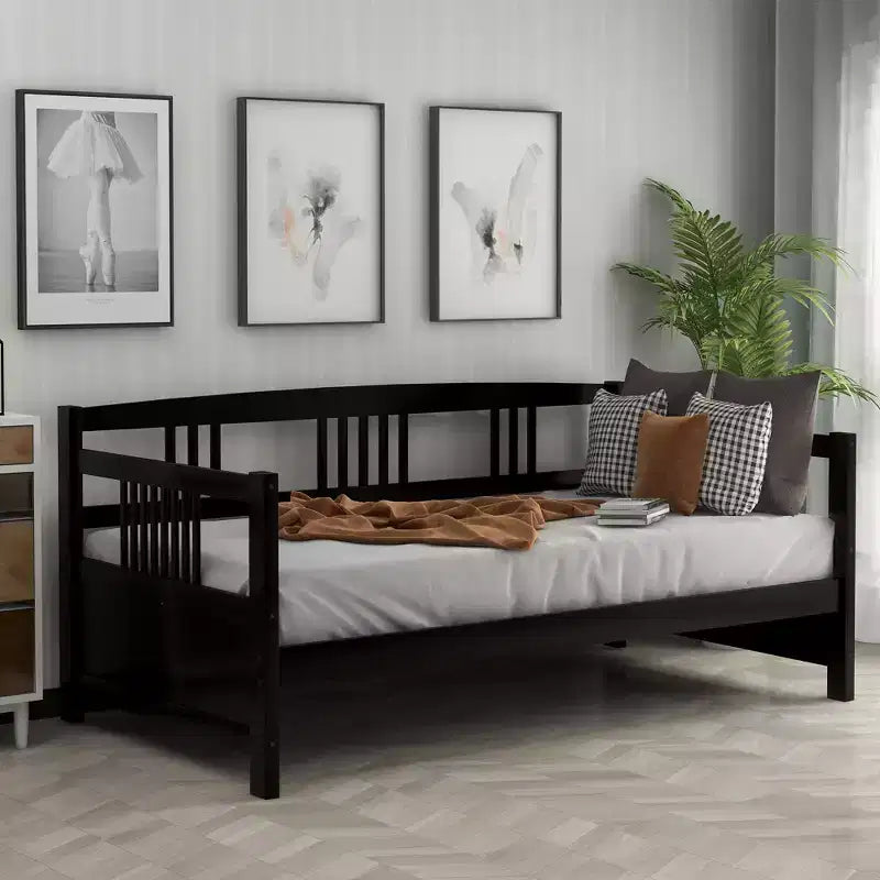 Base de cama moderna de madera maciza tamaño individual con 3 barandillas, capacidad de 136 kg