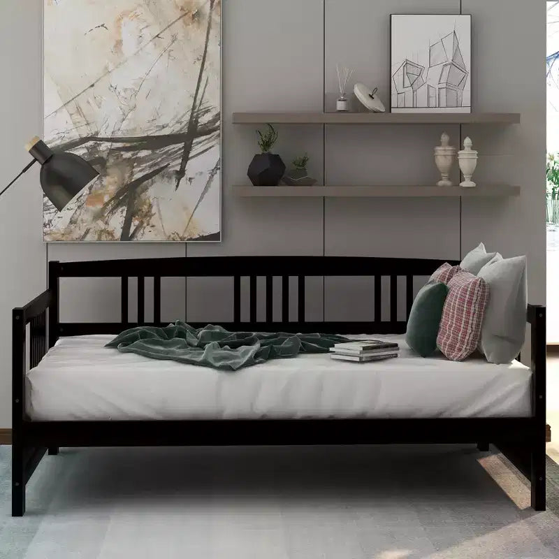 Base de cama moderna de madera maciza tamaño individual con 3 barandillas, capacidad de 136 kg