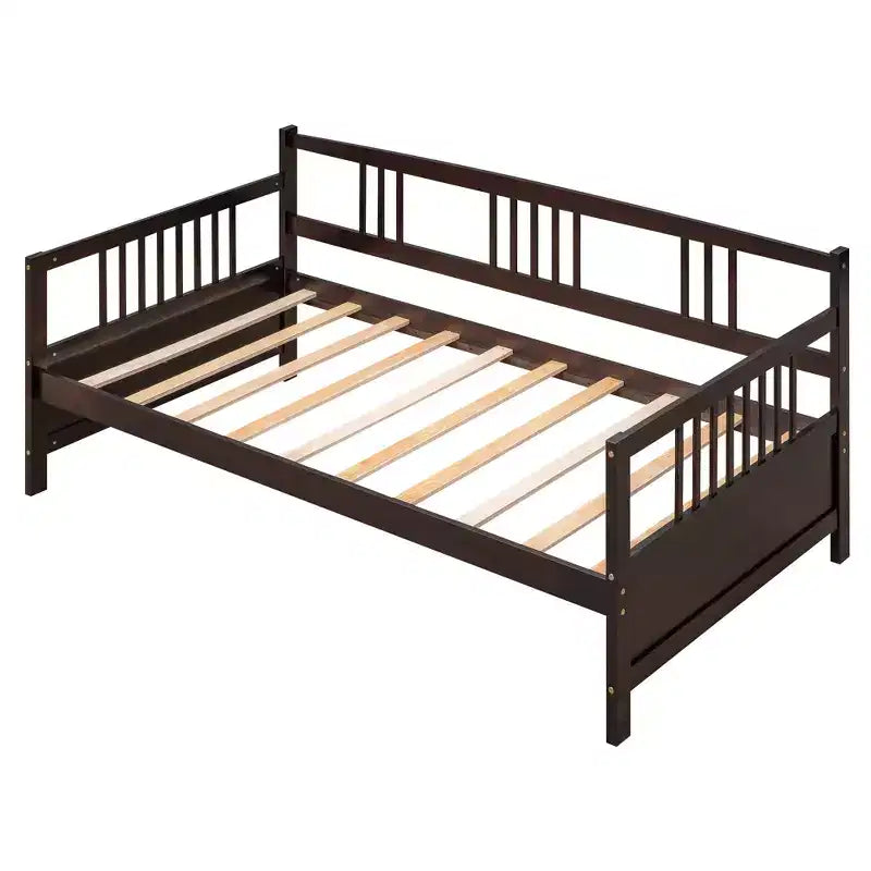 Base de cama moderna de madera maciza tamaño individual con 3 barandillas, capacidad de 136 kg