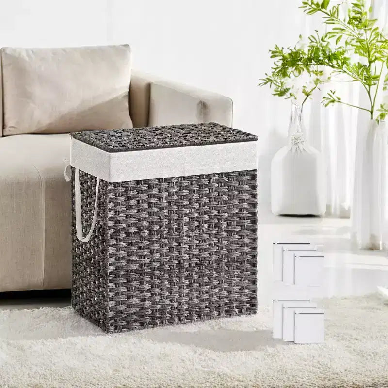 Cesto de ropa sucia doble de 110 L con tapa y 2 bolsas de forro extraíbles, de mimbre