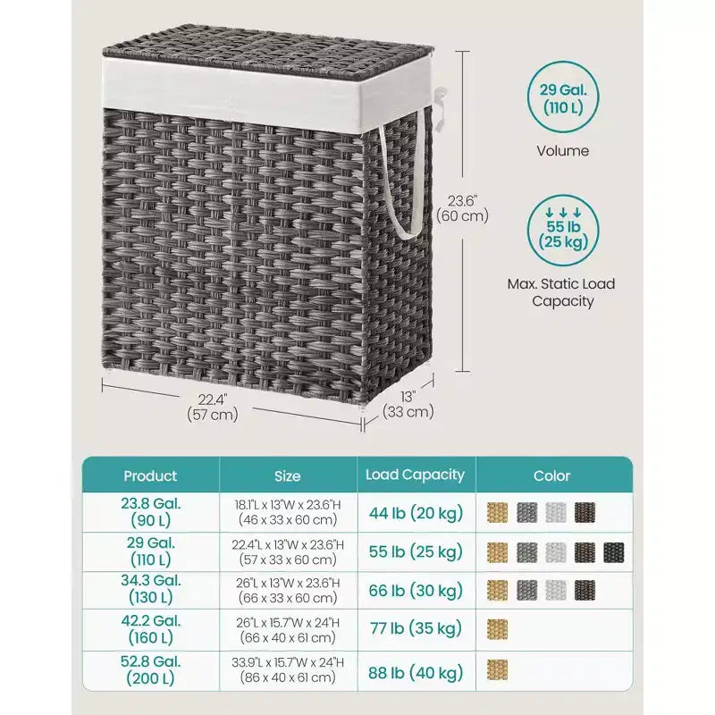 Cesto de ropa sucia doble de 110 L con tapa y 2 bolsas de forro extraíbles, de mimbre