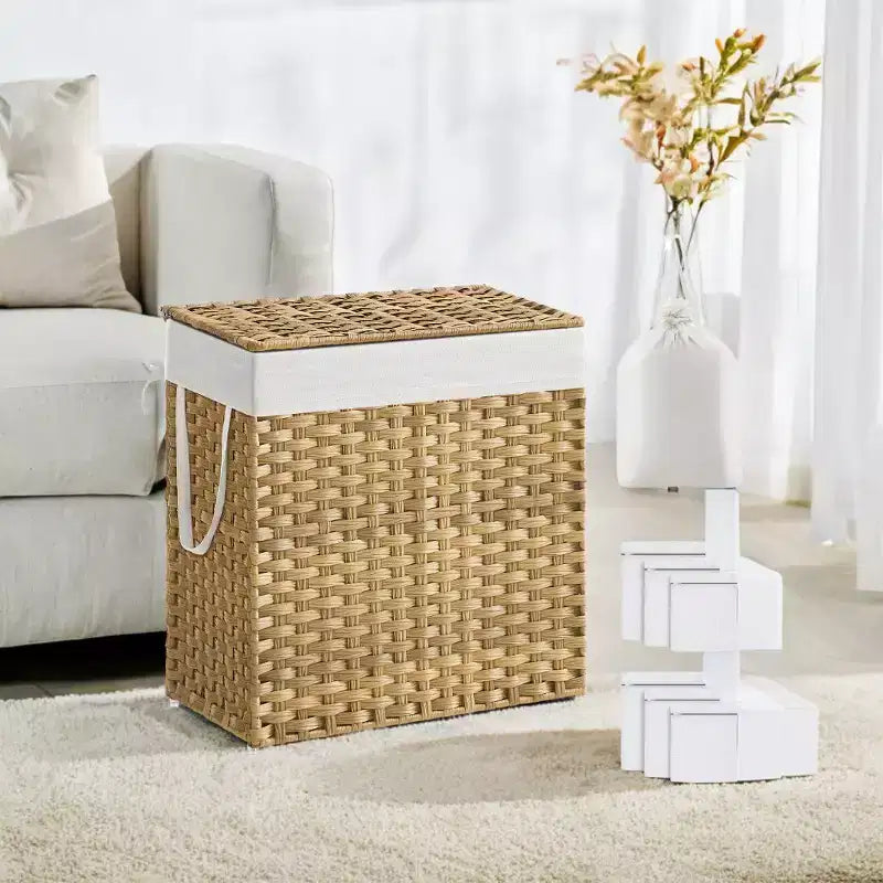 Cesto de ropa sucia doble de 110 L con tapa y 2 bolsas de forro extraíbles, de mimbre