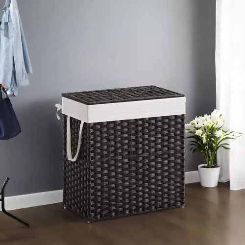 Cesto de ropa sucia doble de 110 L con tapa y 2 bolsas de forro extraíbles, de mimbre
