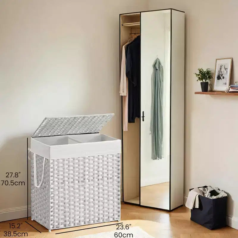 Cesto de ropa sucia doble de 110 L con tapa y 2 bolsas de forro extraíbles, de mimbre