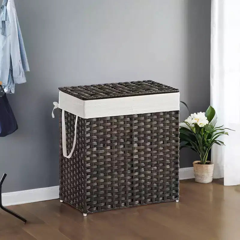 Cesto de ropa sucia doble de 110 L con tapa y 2 bolsas de forro extraíbles, de mimbre