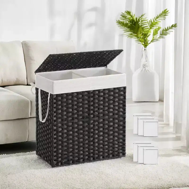110L Laundry Hamper with Lid Laundry Clothes Hamper with 2 Removable Liner Bags Wicker Double Laundry Basket for Bathroom