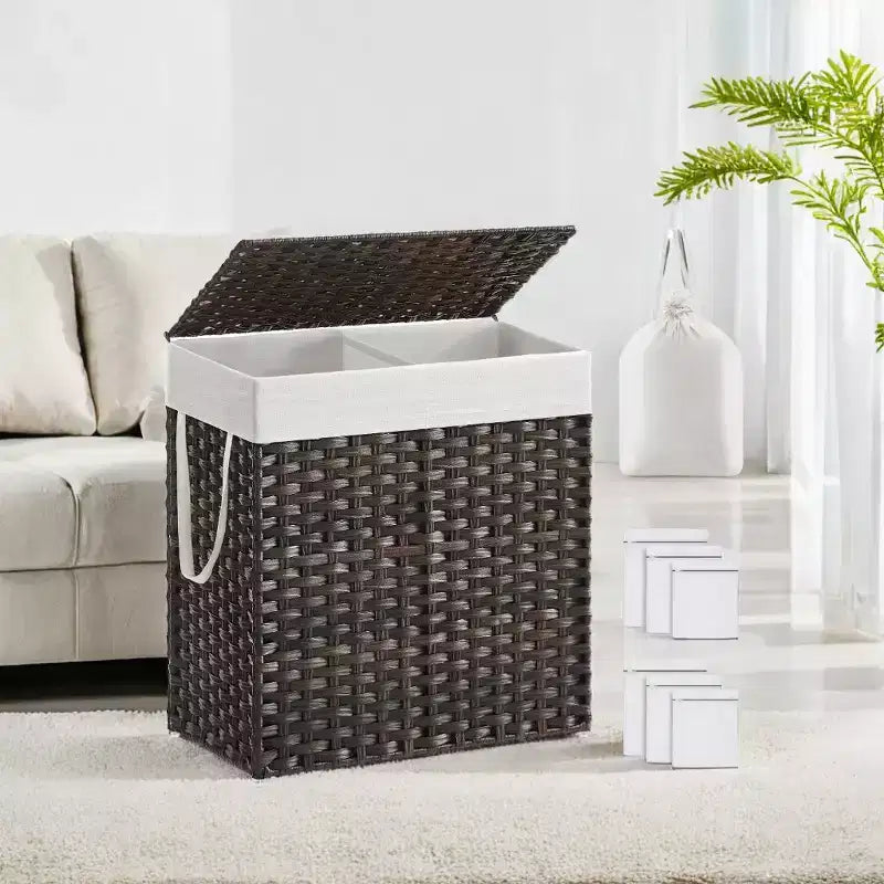 Cesto de ropa sucia doble de 110 L con tapa y 2 bolsas de forro extraíbles, de mimbre