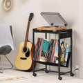 Oumilen 2-Tier End Table Record Player Stand with Charging Station and Vinyl Storage Shelf, Black