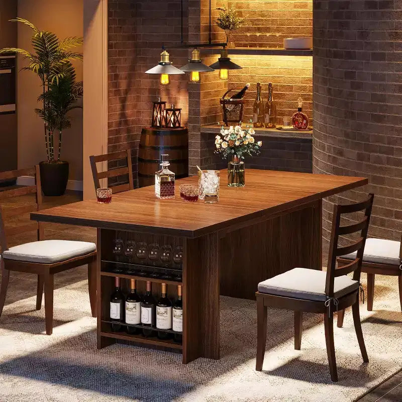 Mesa de comedor rectangular estilo casa de campo de 63" para 4-6 personas, marrón, MDF con almacenamiento