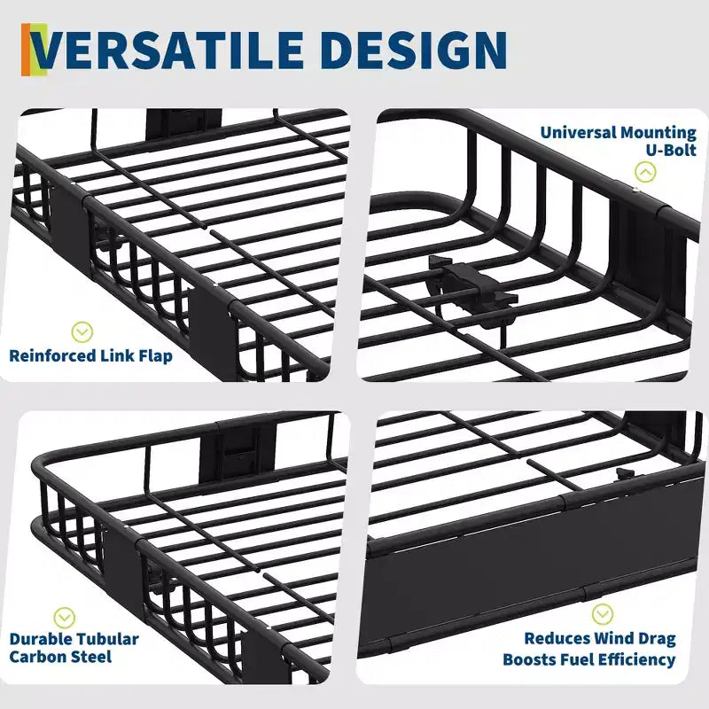 Cesta de carga para techo de 162,5 x 99 cm, portaequipajes de acero de 68 kg, montaje en barra transversal