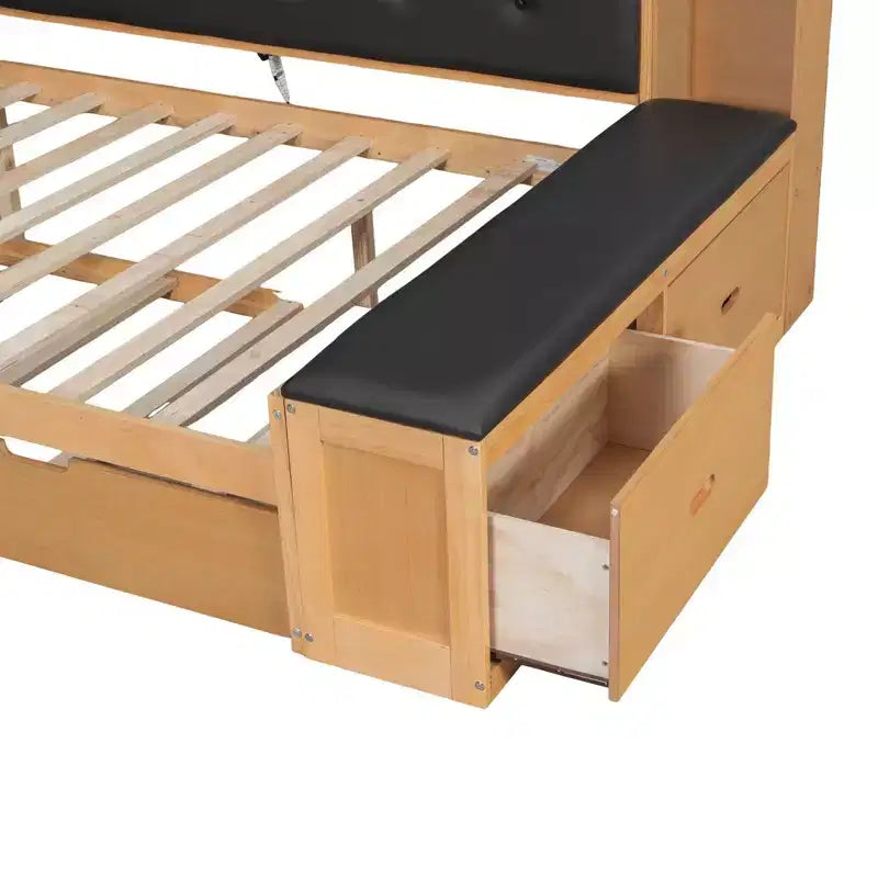 Cama de día de madera de tamaño completo con cama nido, estantes de almacenamiento, banco y cabecero tapizado