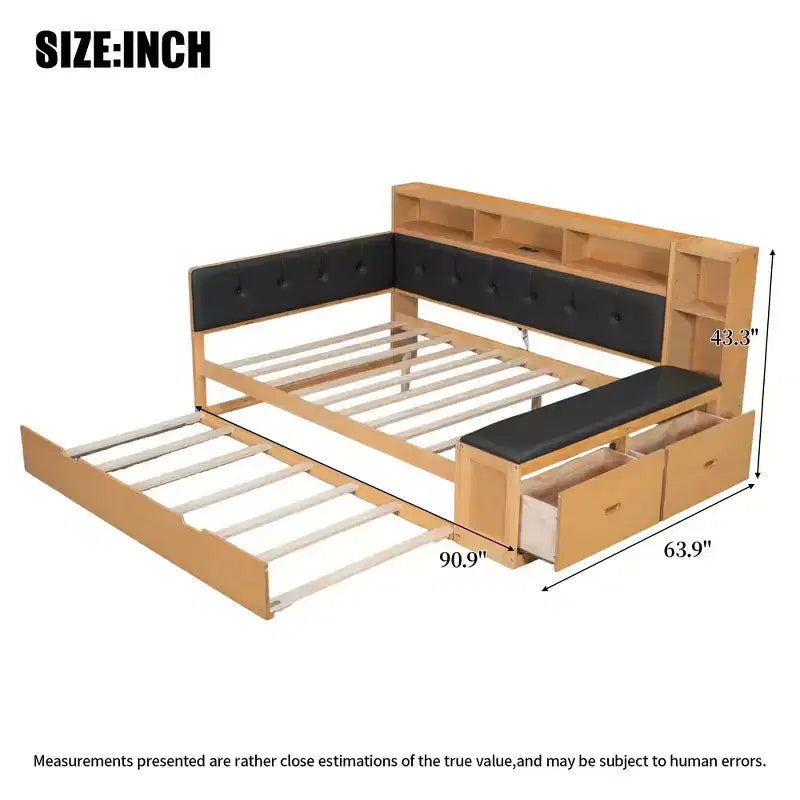 Cama de día de madera de tamaño completo con cama nido, estantes de almacenamiento, banco y cabecero tapizado