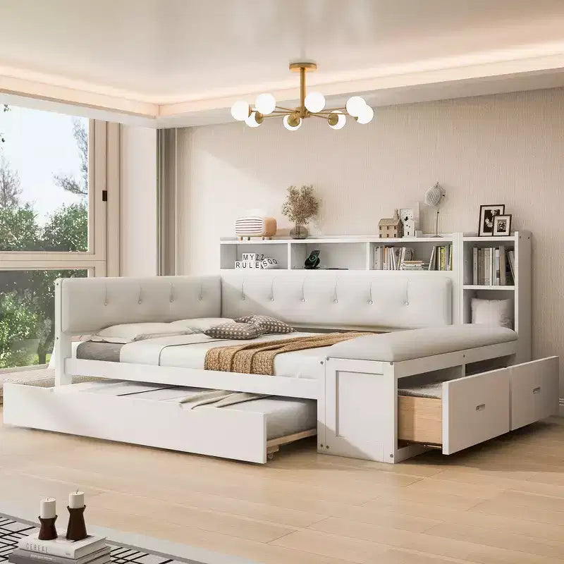 Cama de día de madera de tamaño completo con cama nido, estantes de almacenamiento, banco y cabecero tapizado