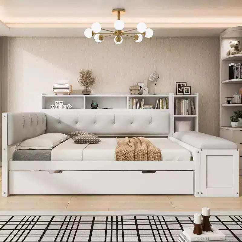 Cama de día de madera de tamaño completo con cama nido, estantes de almacenamiento, banco y cabecero tapizado