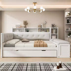Cama de día de madera de tamaño completo con cama nido, estantes de almacenamiento, banco y cabecero tapizado