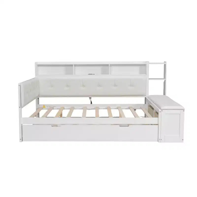 Cama de día de madera de tamaño completo con cama nido, estantes de almacenamiento, banco y cabecero tapizado