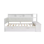 Cama de día de madera de tamaño completo con cama nido, estantes de almacenamiento, banco y cabecero tapizado