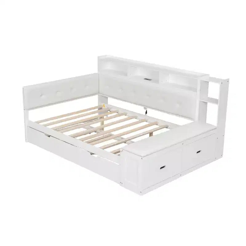 Cama de día de madera de tamaño completo con cama nido, estantes de almacenamiento, banco y cabecero tapizado