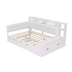 Cama de día de madera de tamaño completo con cama nido, estantes de almacenamiento, banco y cabecero tapizado