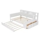 Cama de día de madera de tamaño completo con cama nido, estantes de almacenamiento, banco y cabecero tapizado