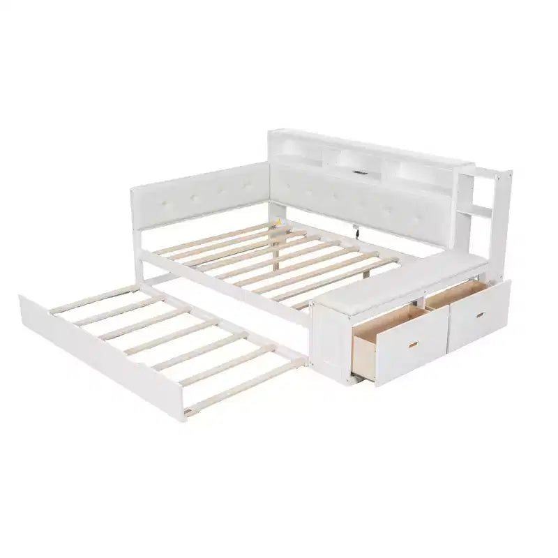 Cama de día de madera de tamaño completo con cama nido, estantes de almacenamiento, banco y cabecero tapizado