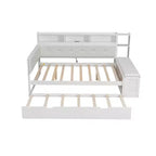 Cama de día de madera de tamaño completo con cama nido, estantes de almacenamiento, banco y cabecero tapizado