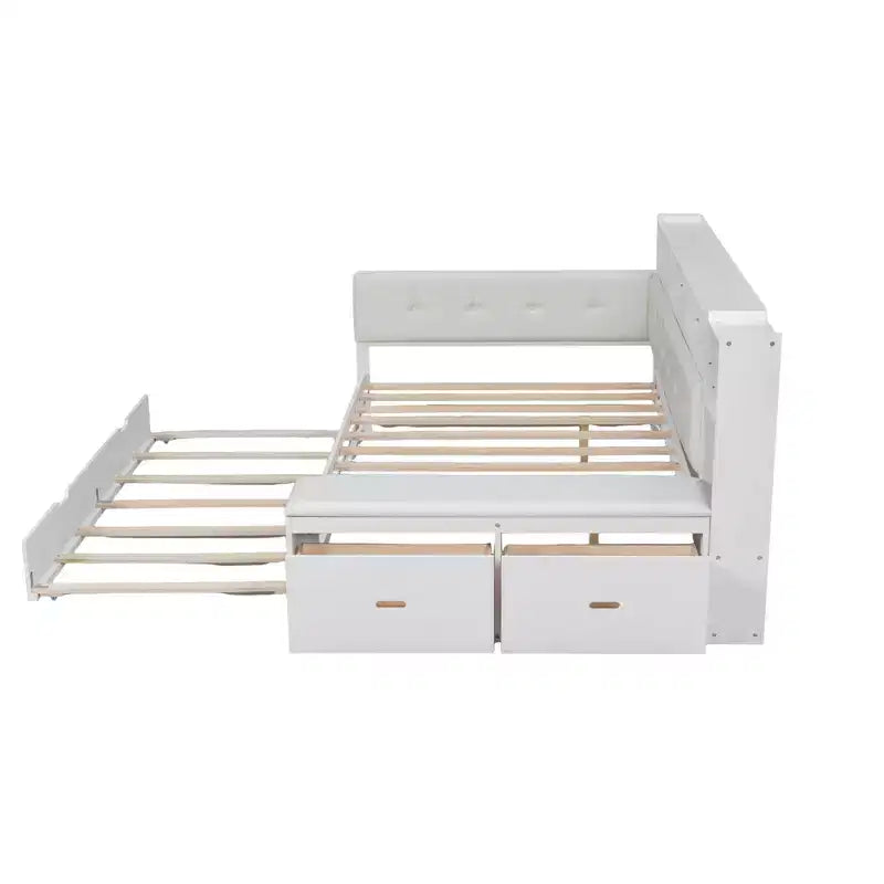 Cama de día de madera de tamaño completo con cama nido, estantes de almacenamiento, banco y cabecero tapizado