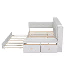 Cama de día de madera de tamaño completo con cama nido, estantes de almacenamiento, banco y cabecero tapizado